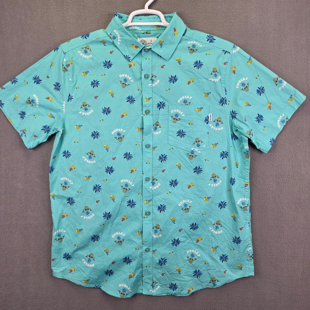 Hurley Shirt Mens Large Short Sleeve Pineapple Palm Print Teal Cotton Stretch L